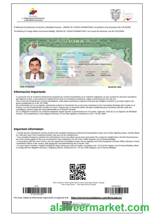 Ecuador travel visa template in Word and PDF formats, version 2